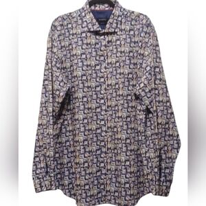 Bugatchi - NWOT, Navy Blue, Geometric Print Of Different Animals, Long Sleeve,